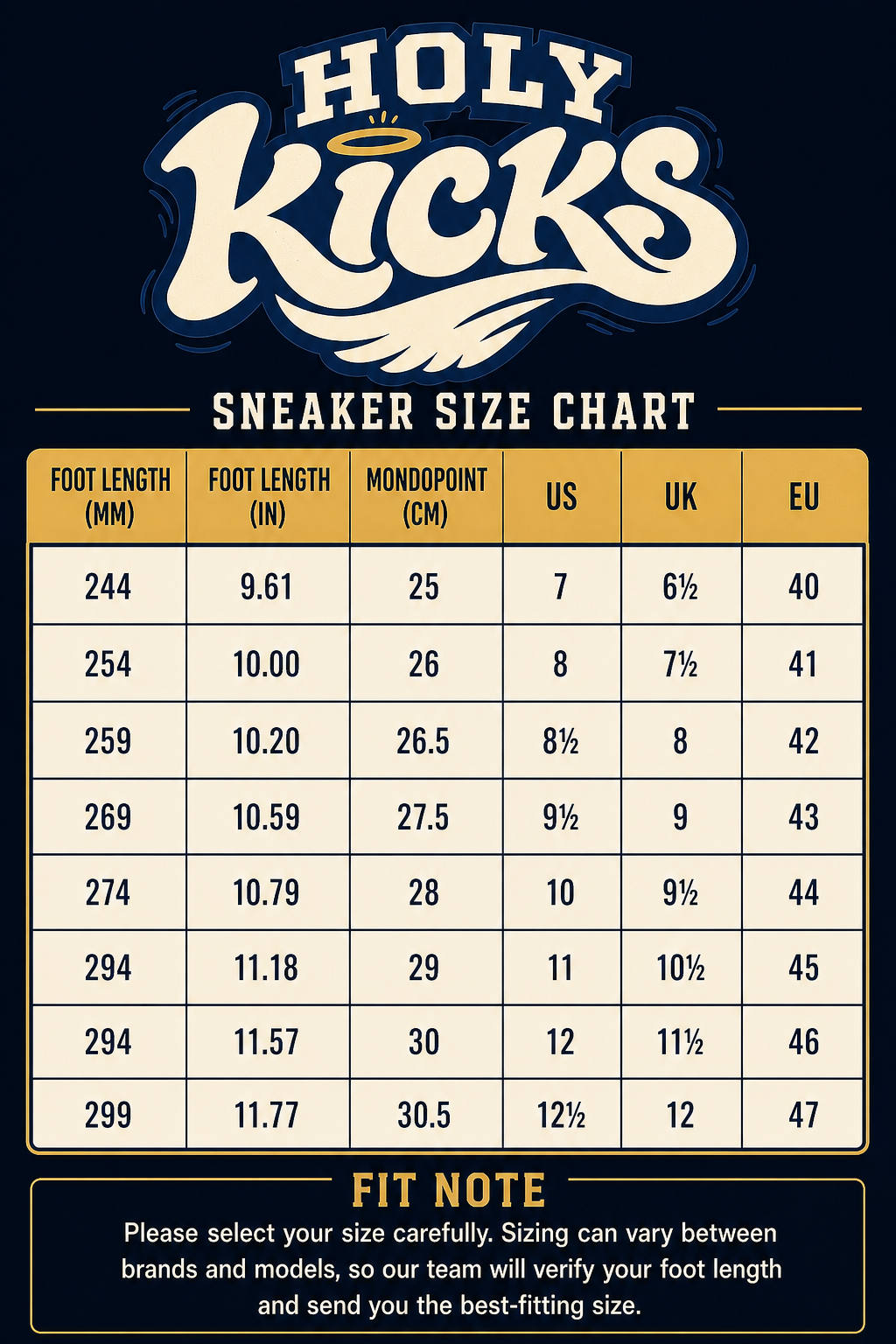 IMPORTED SOUQ sneaker size chart with foot length and US, UK, and EU size conversions